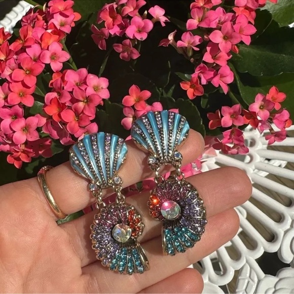 Anthropologie Seashell Blue Ocean Crystal Earrings - Picture 5 of 9
